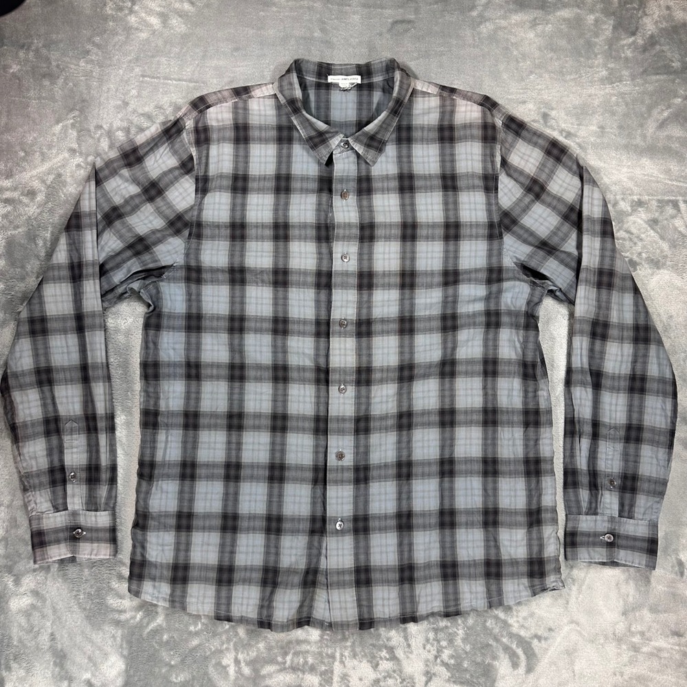 James Perse Mens Plaid Button Down Shirt Grey Black Cotton MXL3436 Size 4 XL